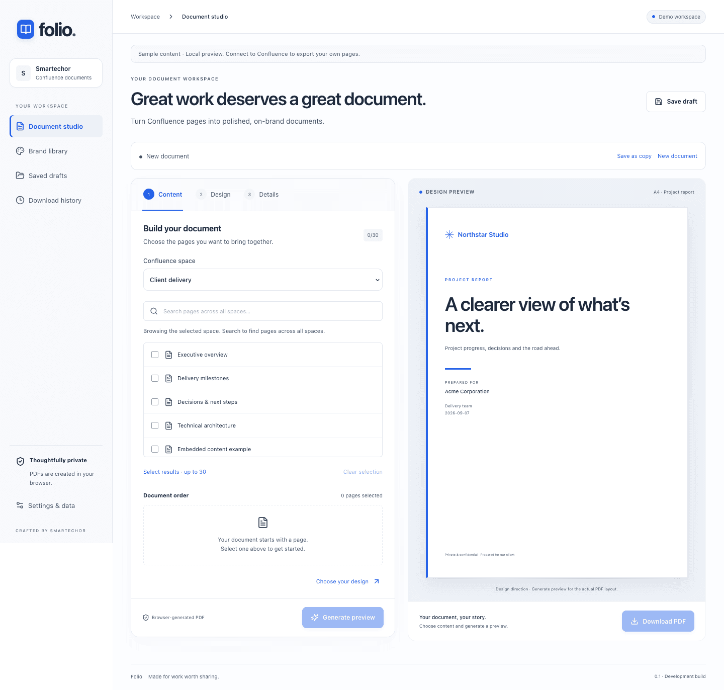 Folio document studio with page selection and branded document design. Demo content.