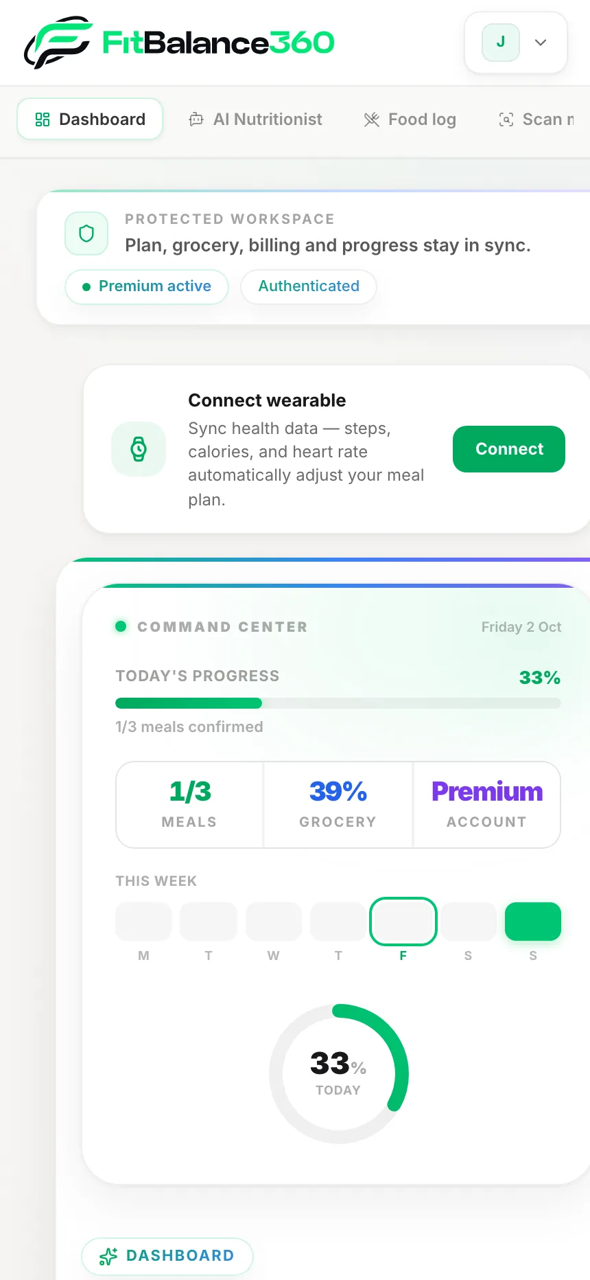 FitBalance360 on a phone — today's progress