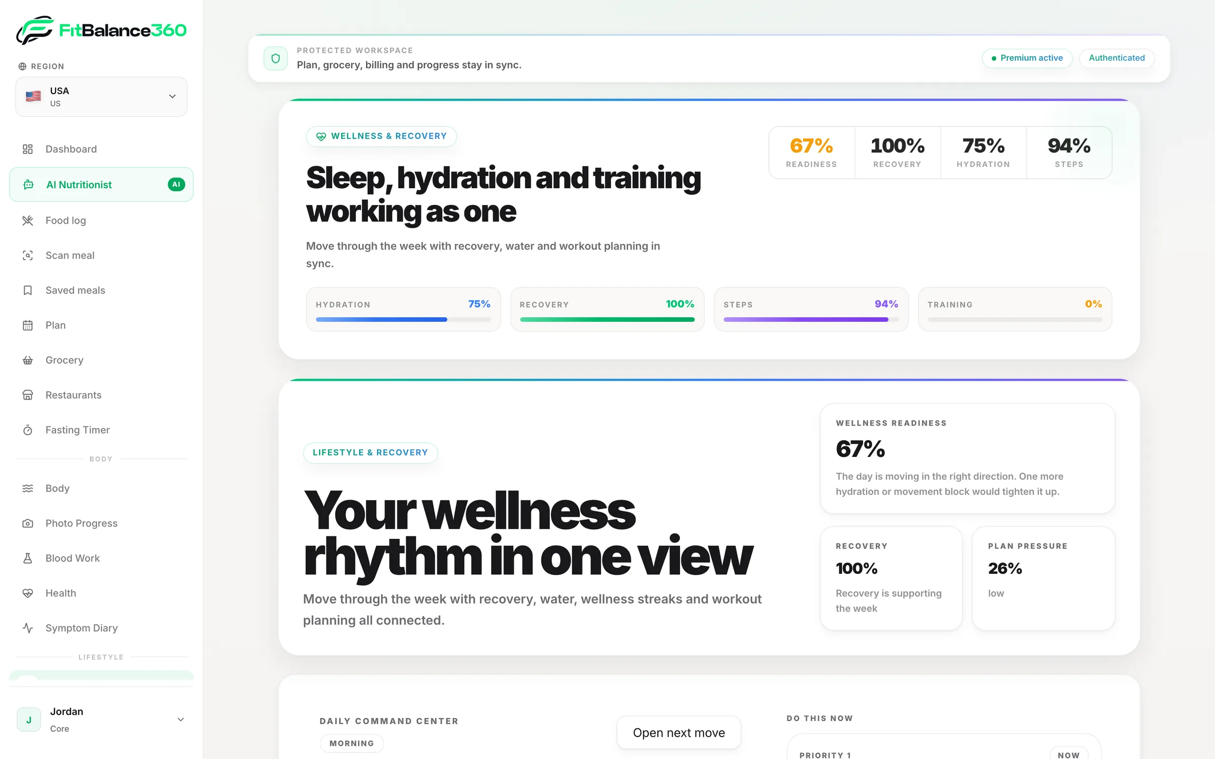 FitBalance360 — hydration, recovery, steps and training