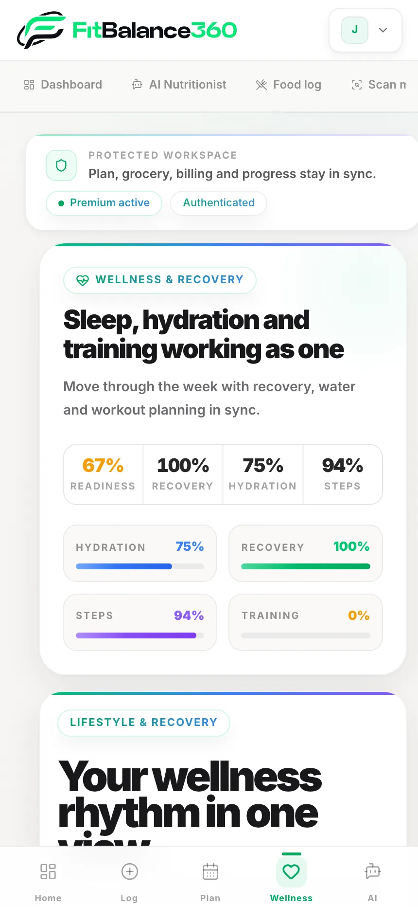 FitBalance360 on a phone — sleep, hydration and training