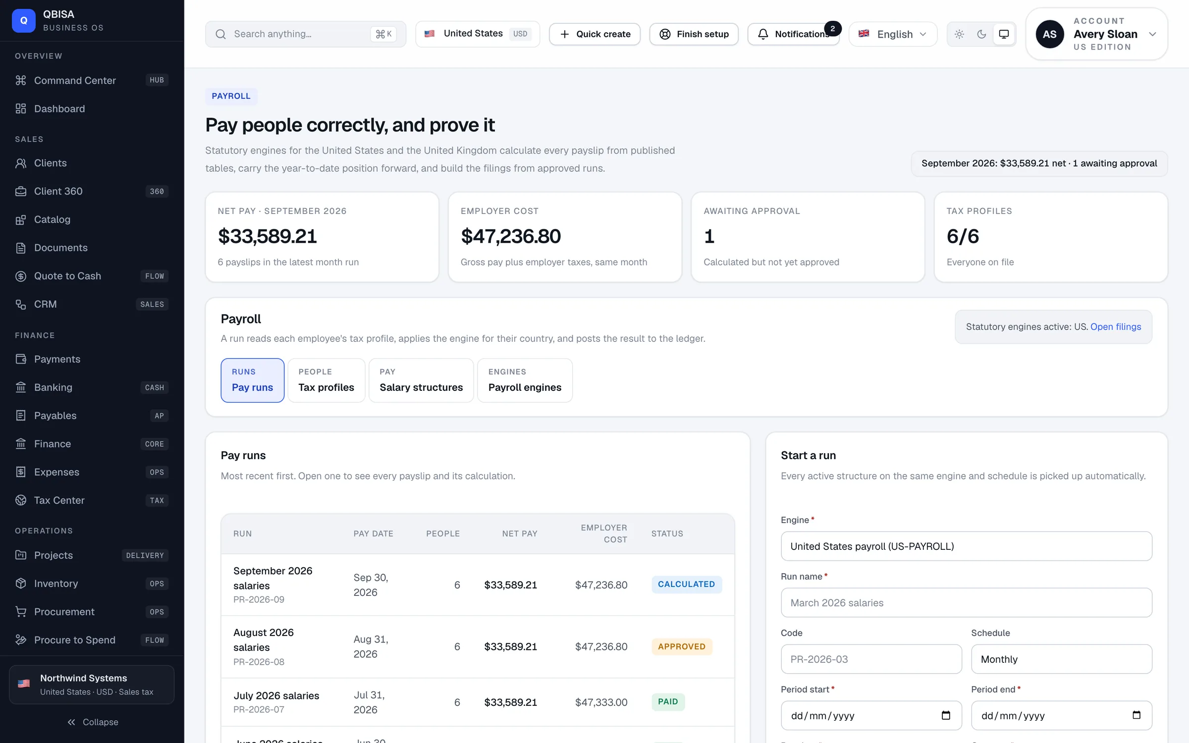 QBISA — payroll: monthly pay runs with net pay and employer cost