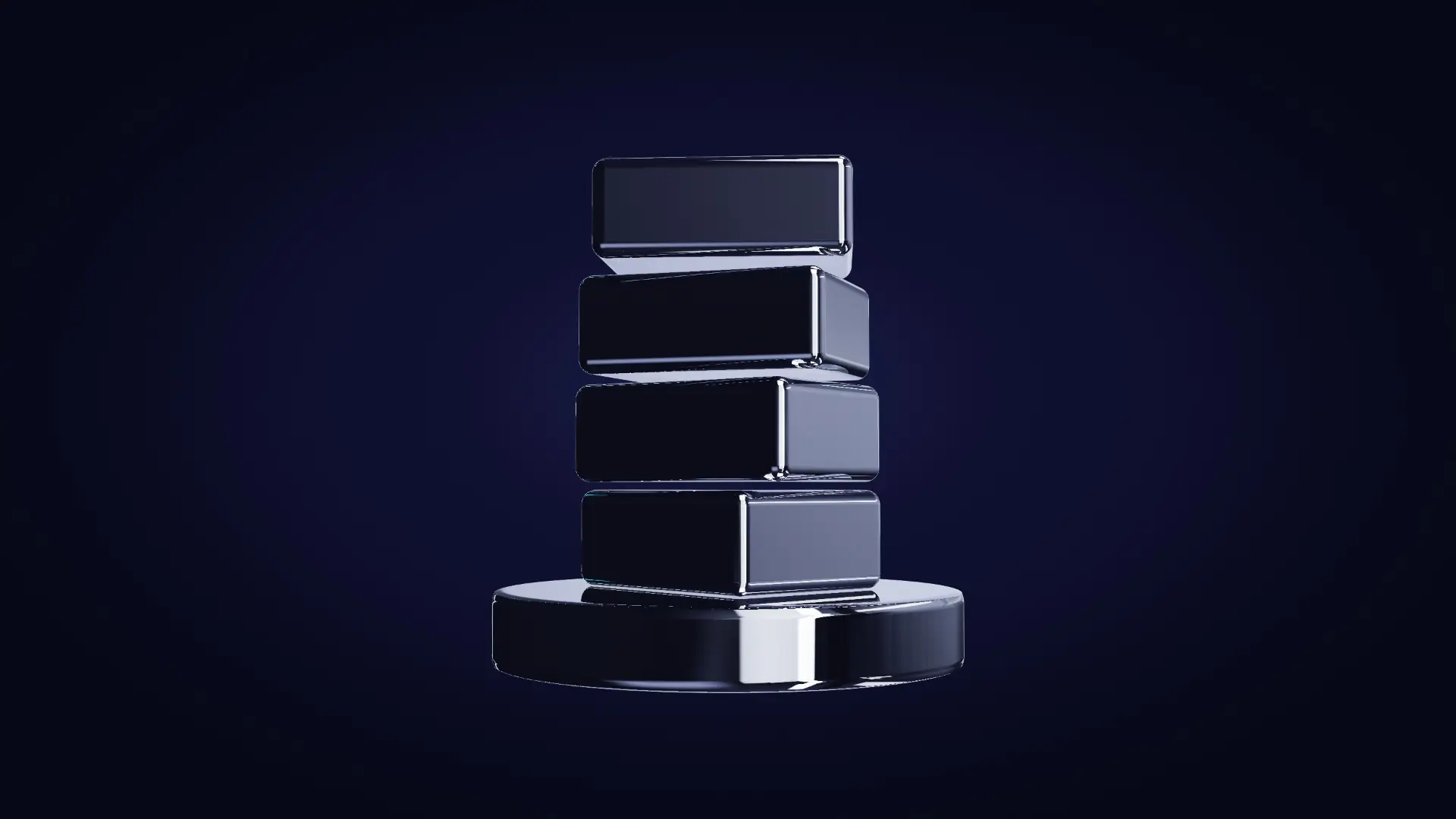 Chrome parcels stacked in a mercury dish — from a low angle
