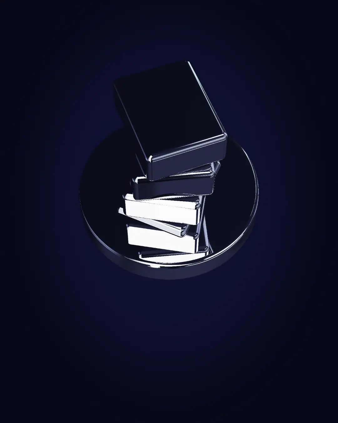 Chrome parcels stacked in a mercury dish — seen from above