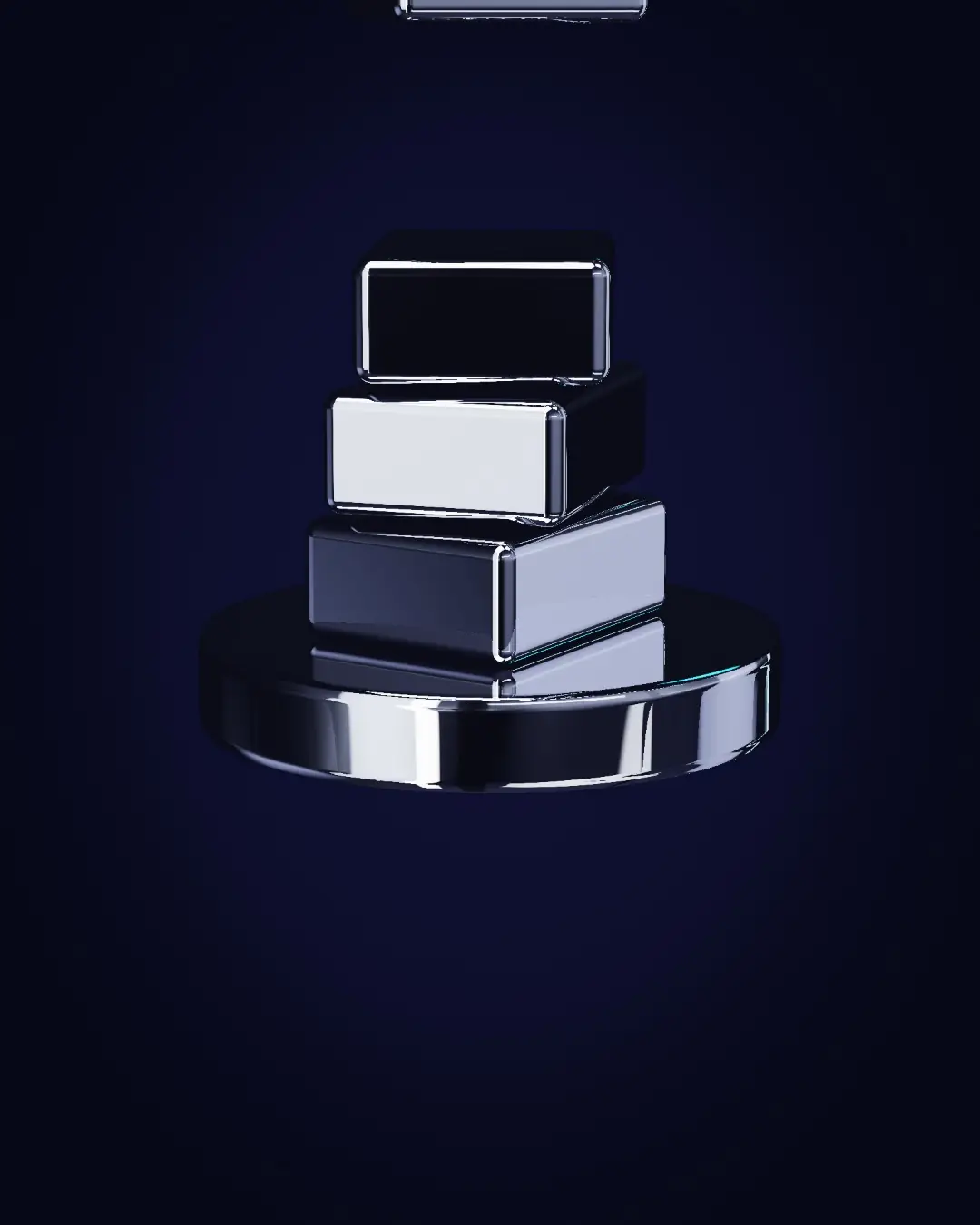 Chrome parcels stacked in a mercury dish — a wide view