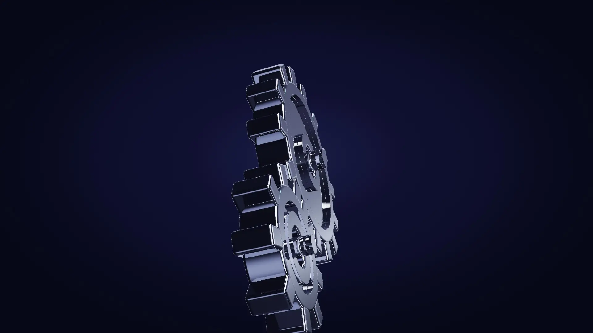 Two chrome gears in mesh — from a low angle