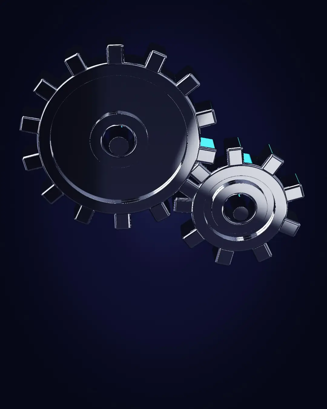 Two chrome gears in mesh — a wide view
