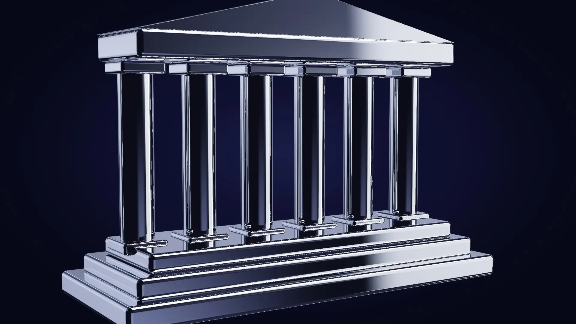 A chrome colonnade on a stepped plinth — from behind, edge-lit