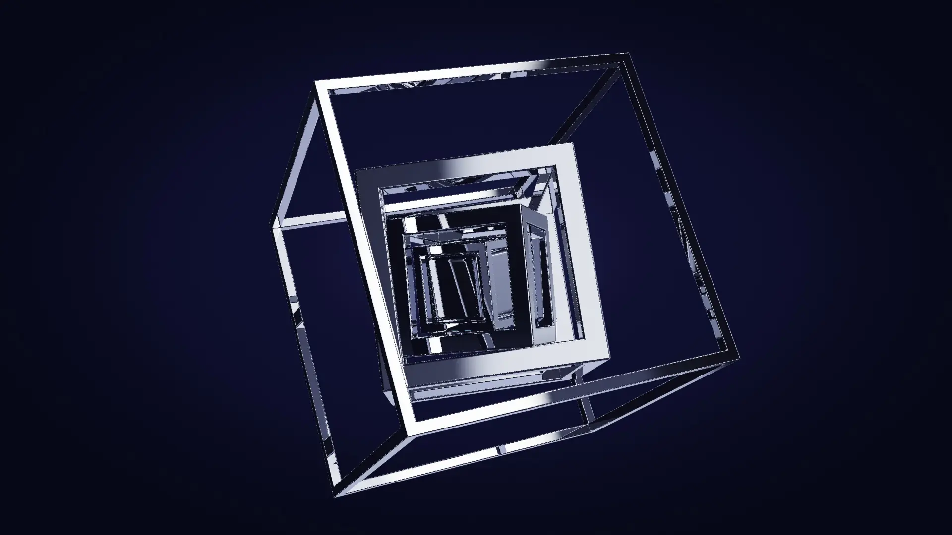 Nested chrome frames growing from a core — from a low angle