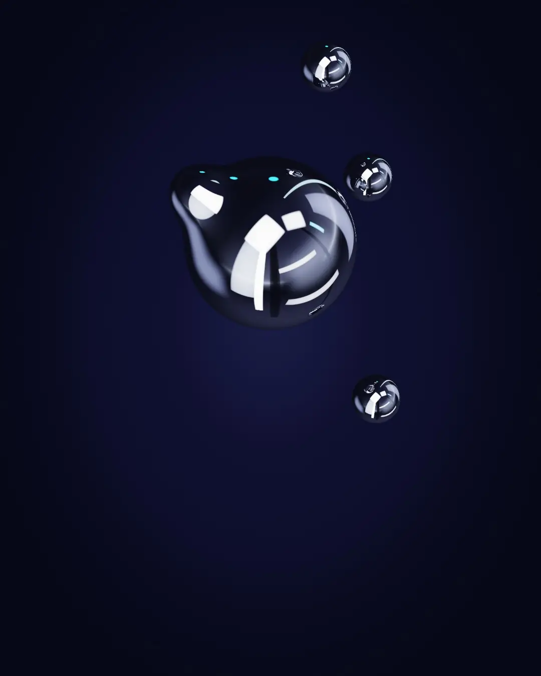 Liquid-chrome droplets merging into one core — seen from above