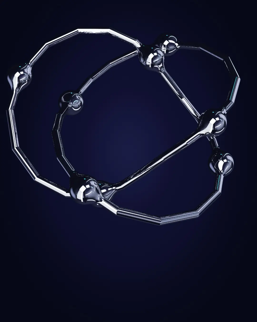 Chrome beads travelling a closed rail — seen from above