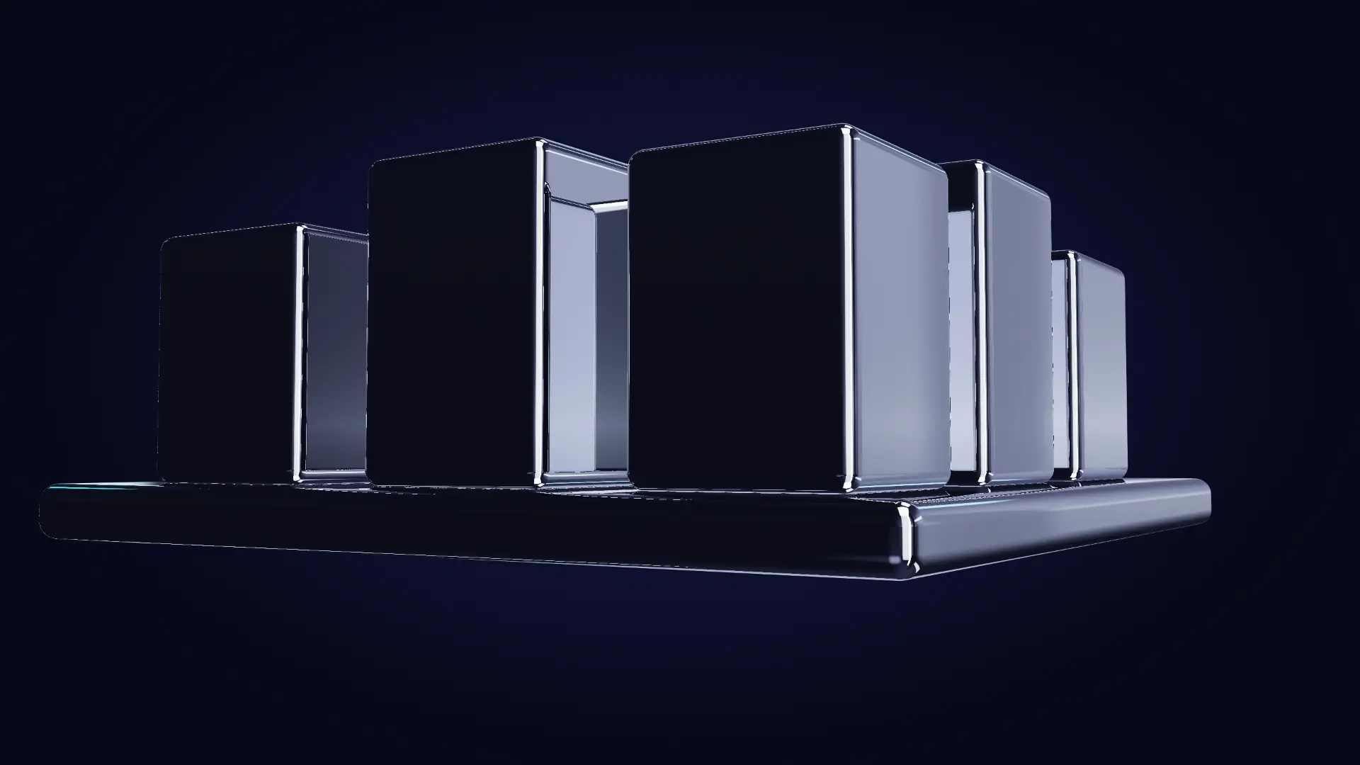Chrome modules rising from one base — from a low angle