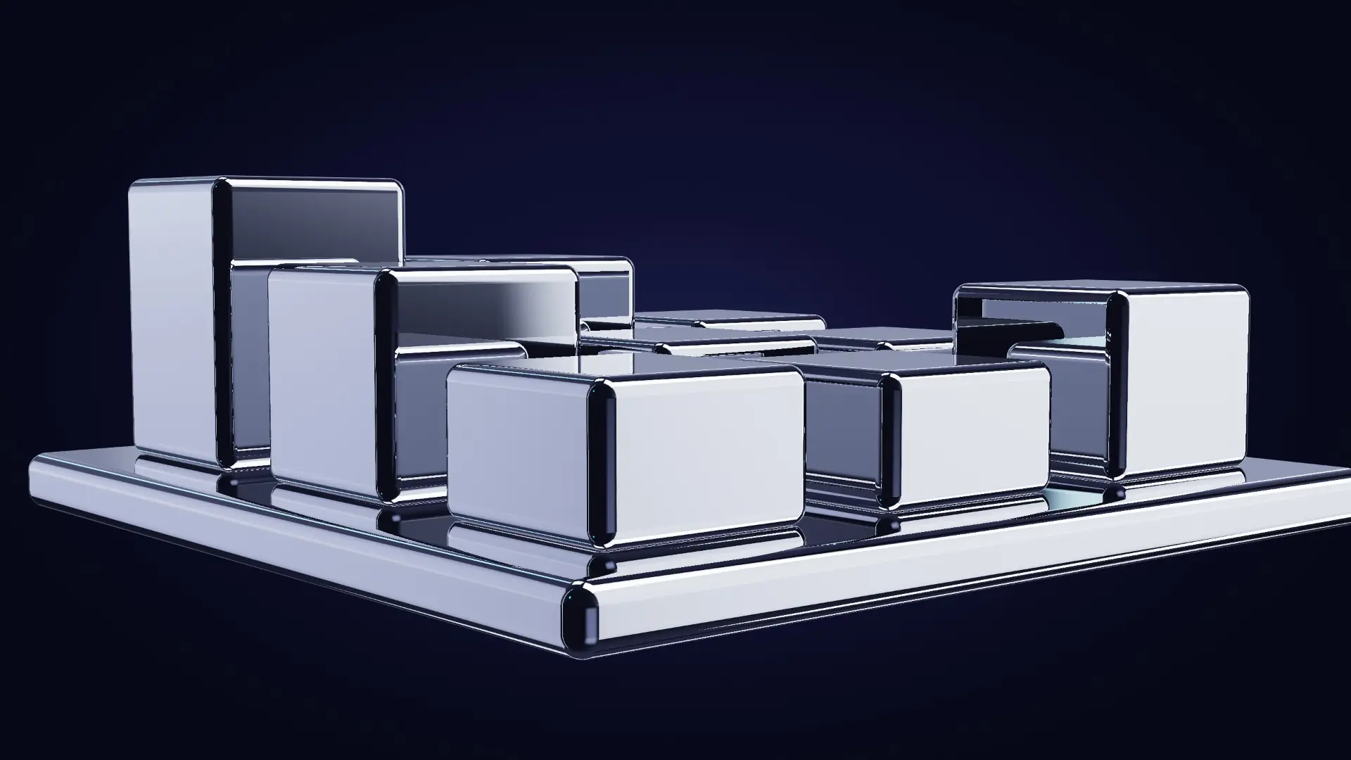Chrome modules rising from one base — from behind, edge-lit