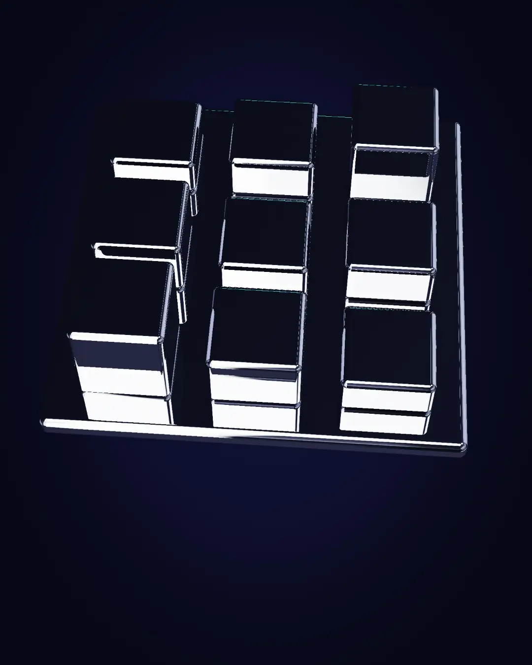 Chrome modules rising from one base — seen from above