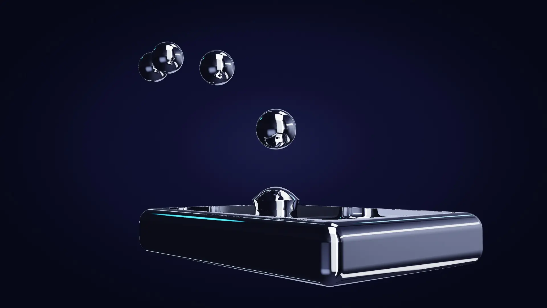 Chrome beads arriving in a tray of liquid metal — from a low angle