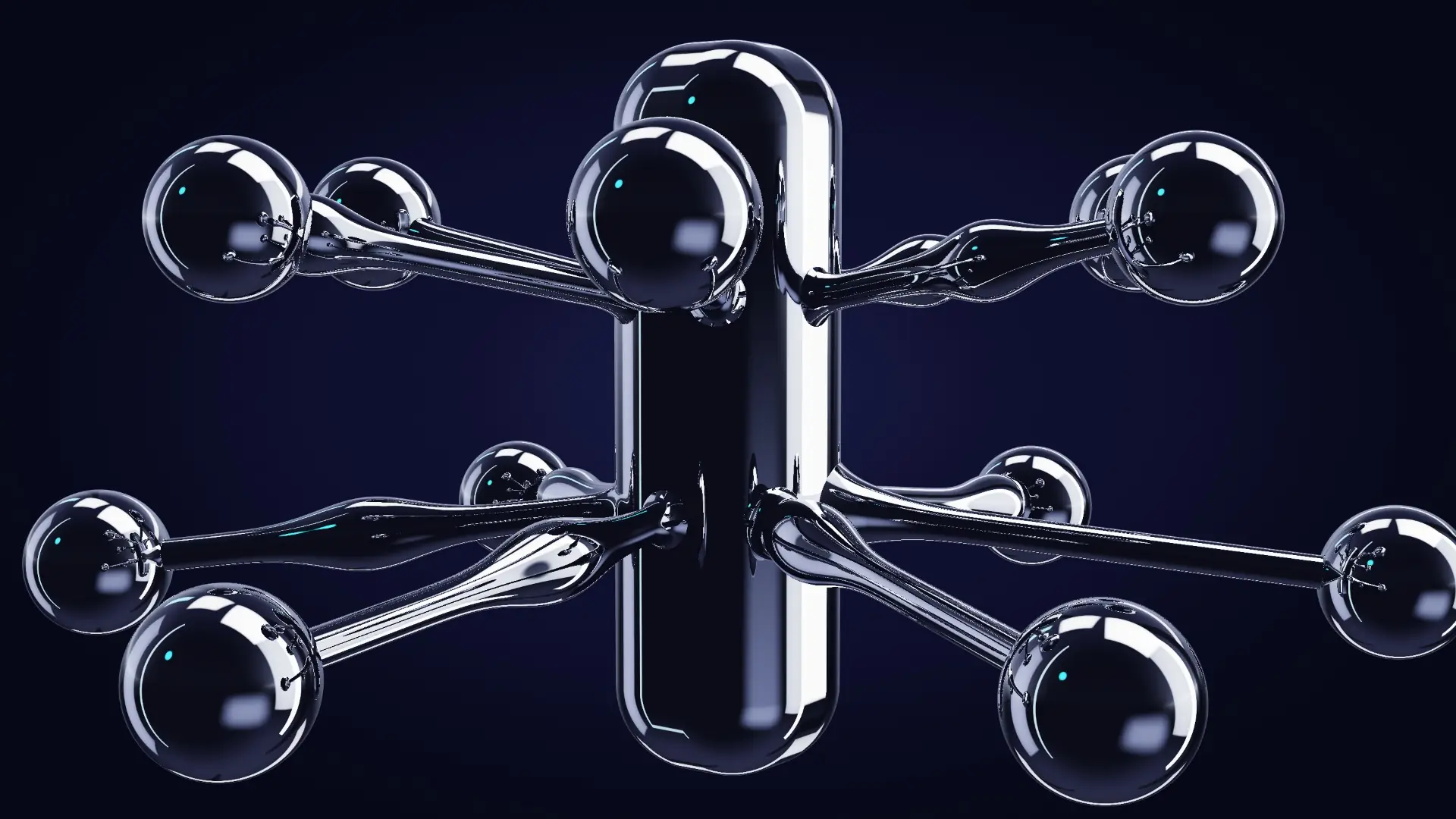 Chrome nodes linked to a central pillar — from behind, edge-lit