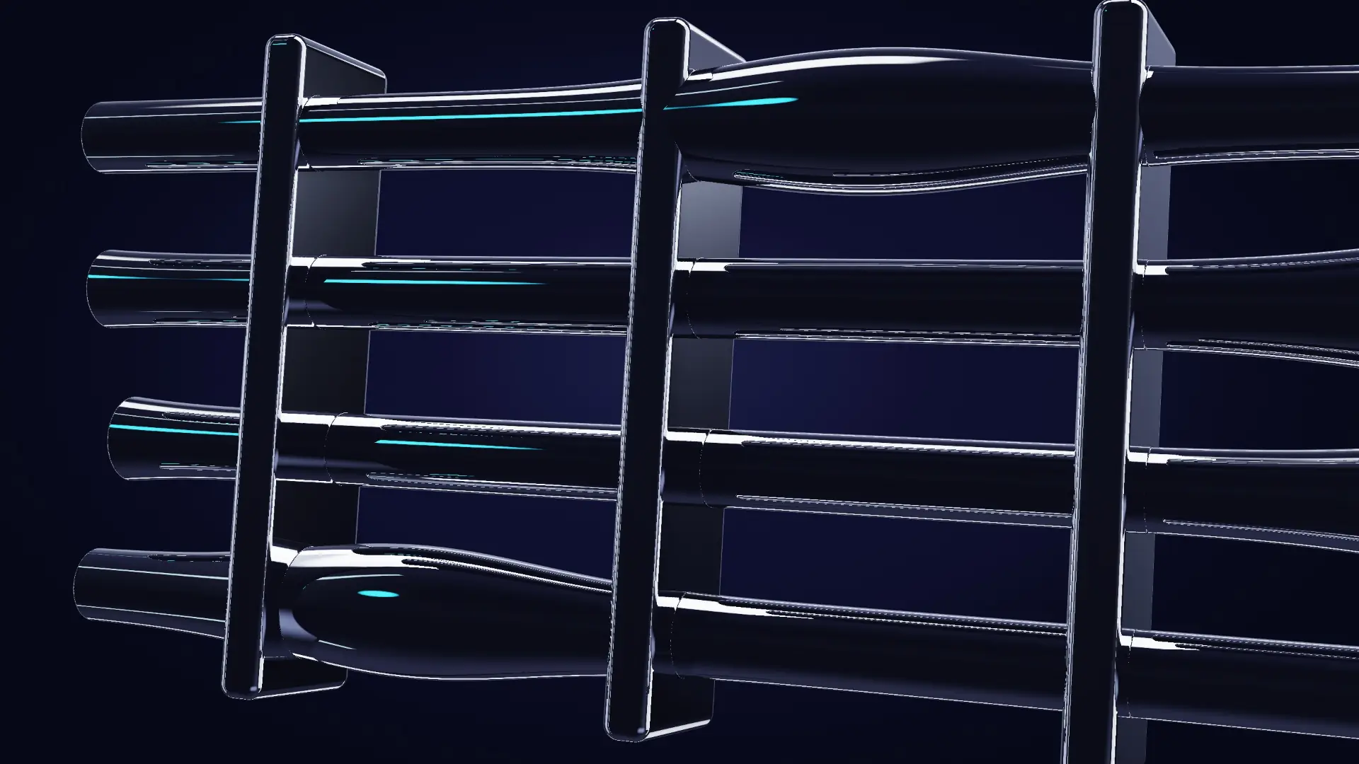 Chrome conduits held in machined brackets — from behind, edge-lit