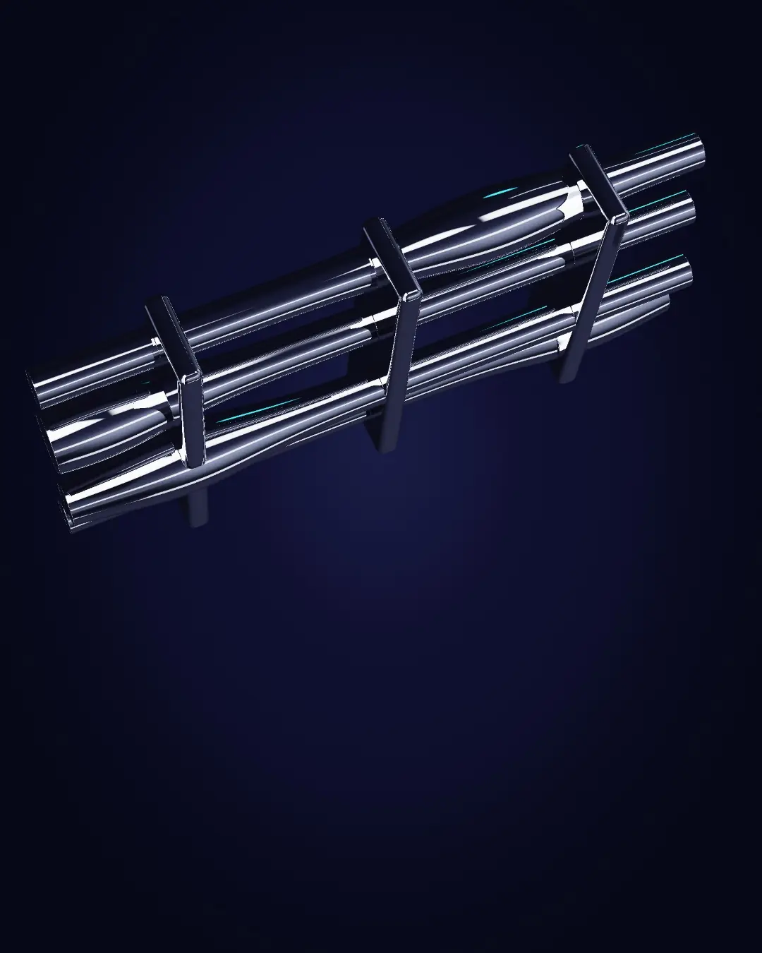 Chrome conduits held in machined brackets — seen from above