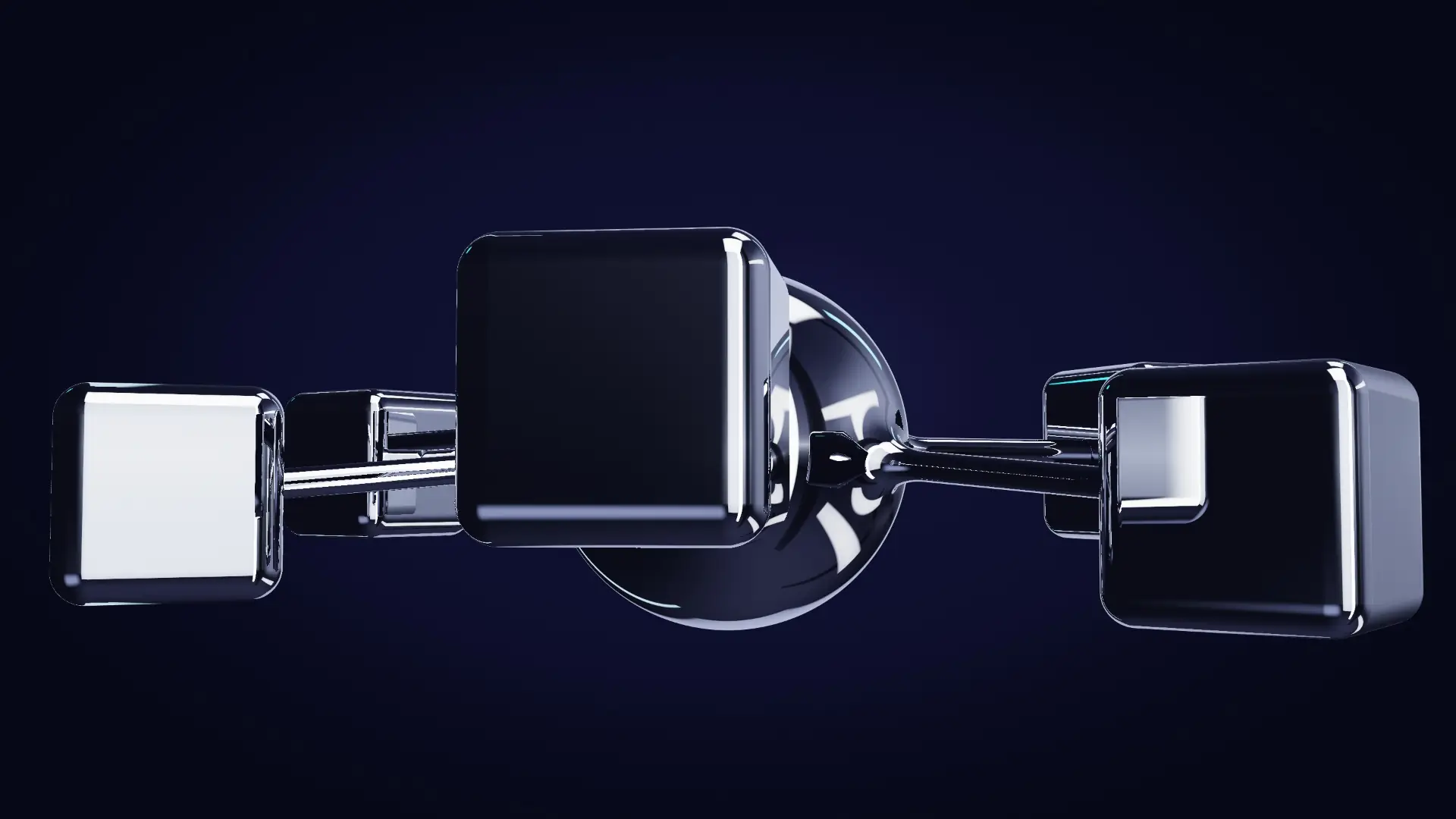 Six chrome cells around one shared core — from a low angle