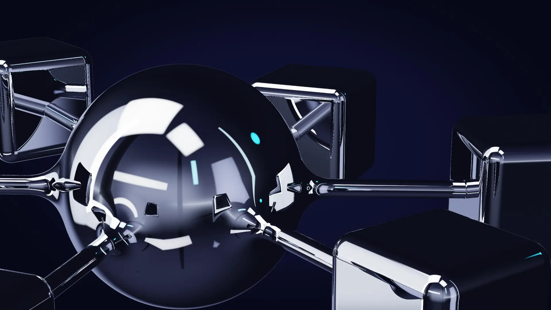 Six chrome cells around one shared core — a close-up