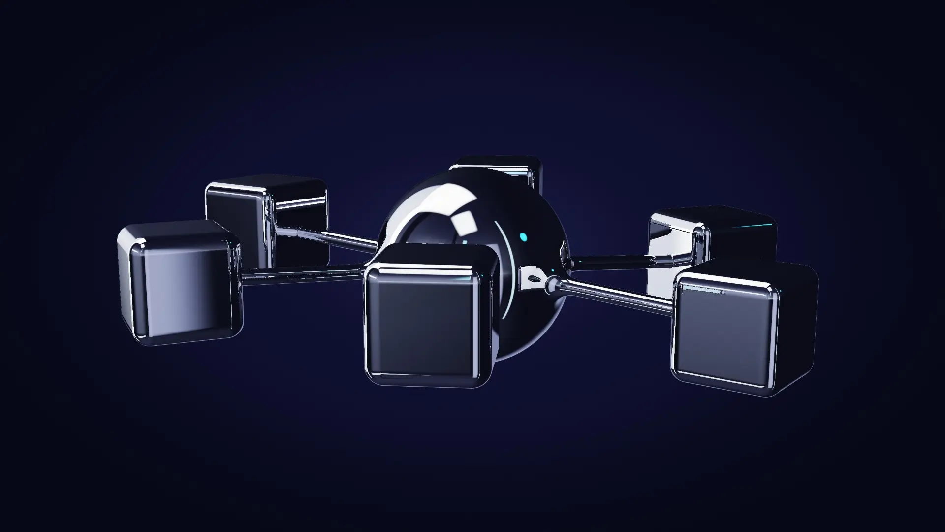 Six chrome cells around one shared core — from the other side