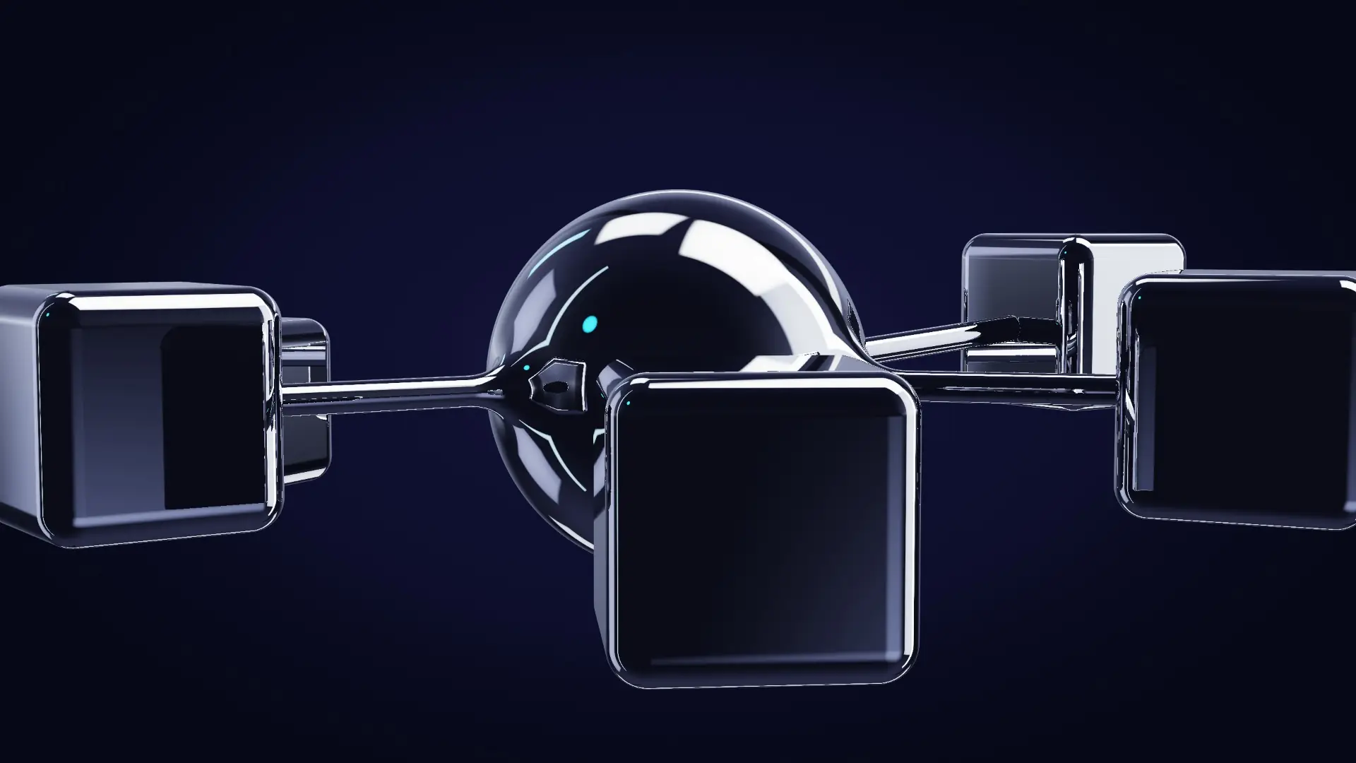 Six chrome cells around one shared core — from behind, edge-lit