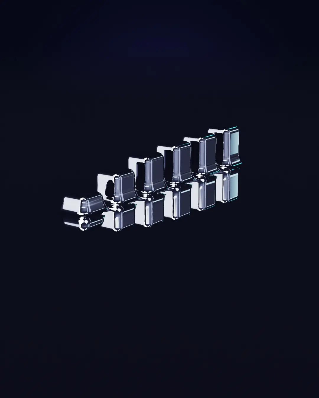 Chrome columns rising from a mercury surface — a wide view