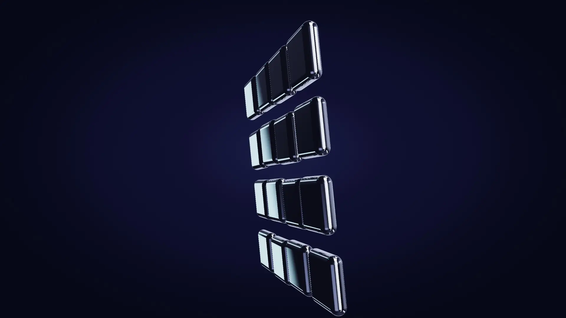 Chrome tiles settling into a grid — from a low angle