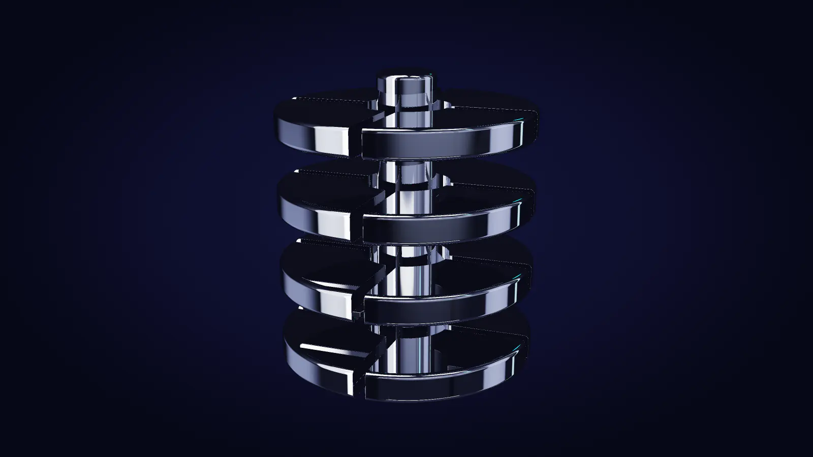 A chrome core column with floors of separate rooms around it