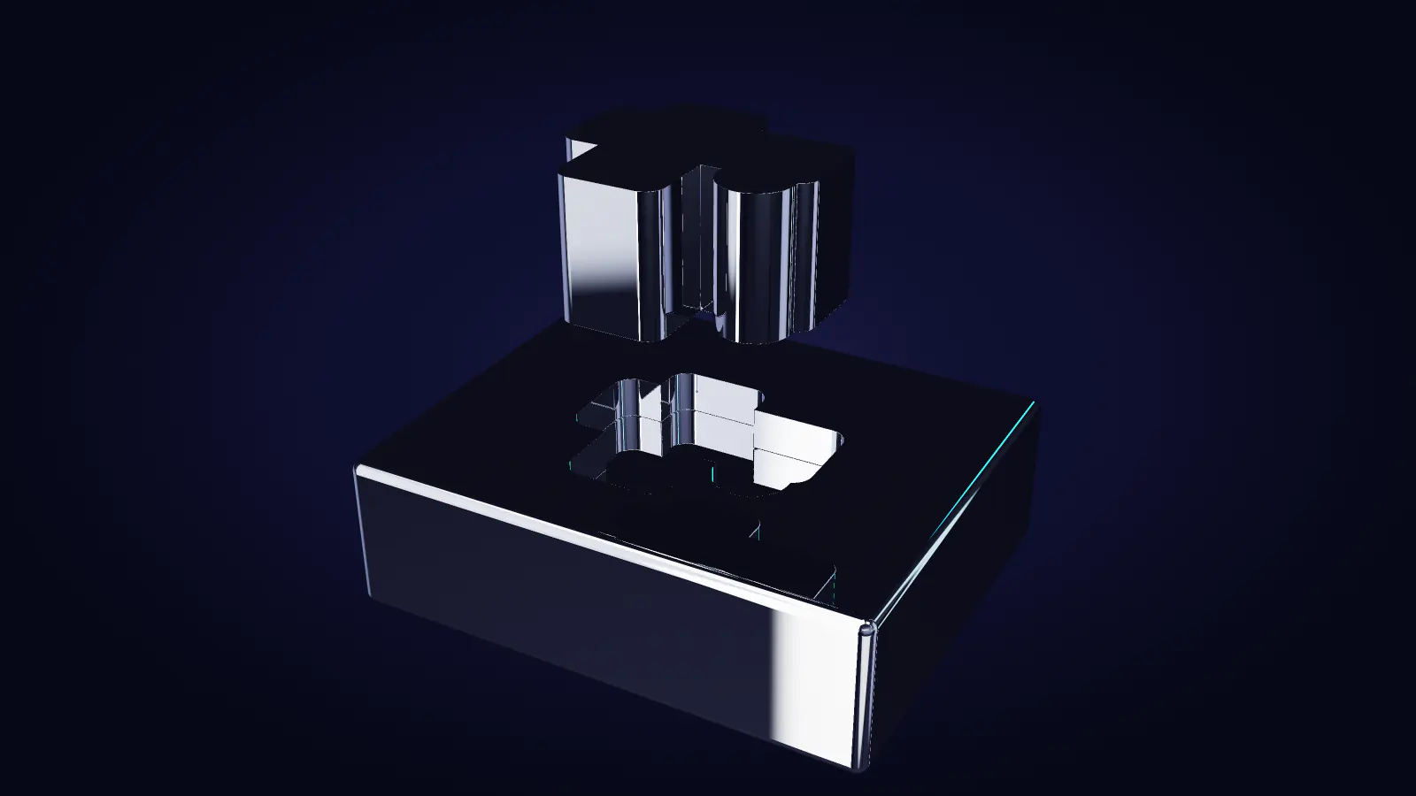 A chrome block with a socket of an unusual shape and the one piece made to fit it