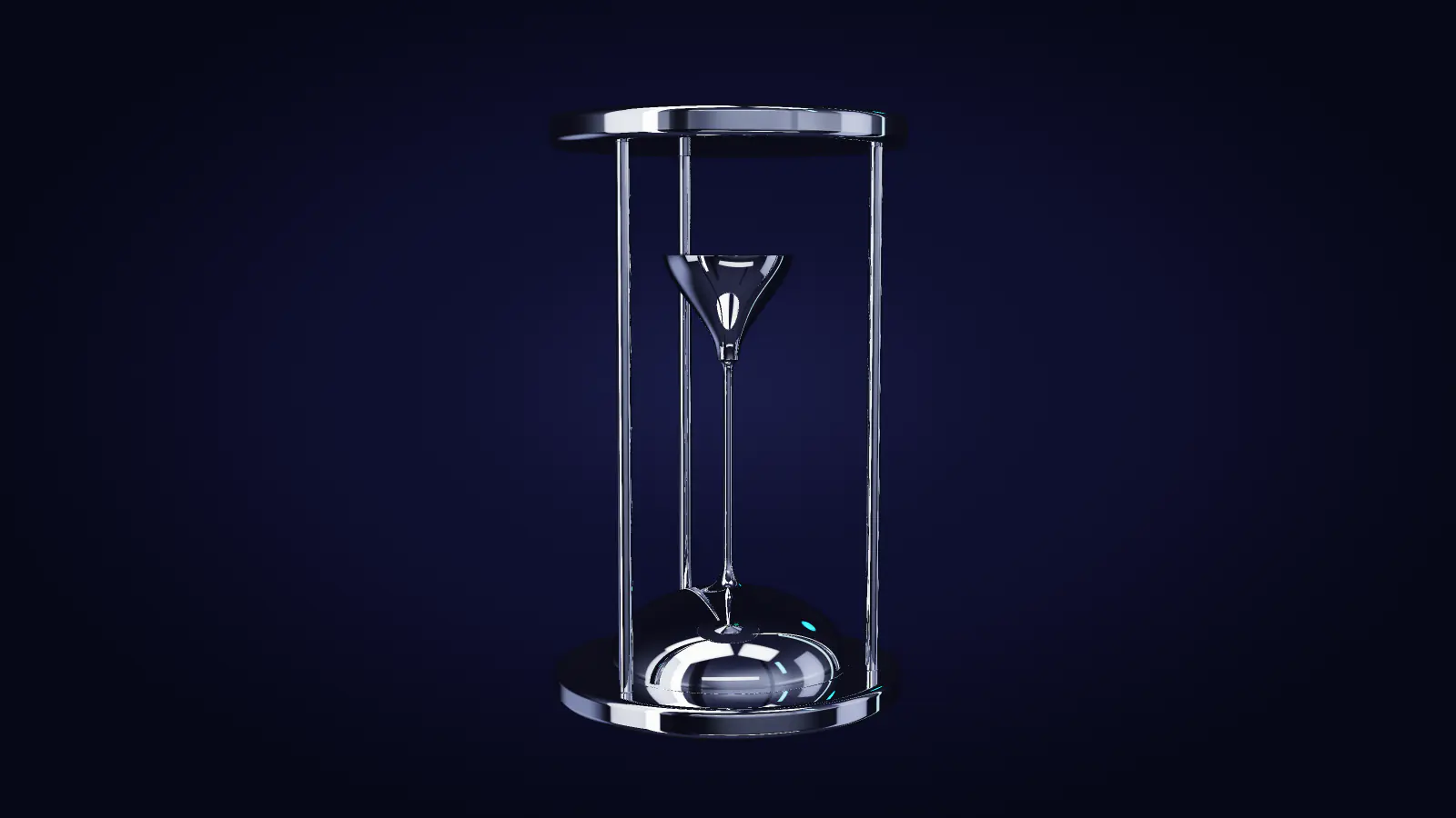 A chrome hourglass, mercury running from the upper reservoir to the lower