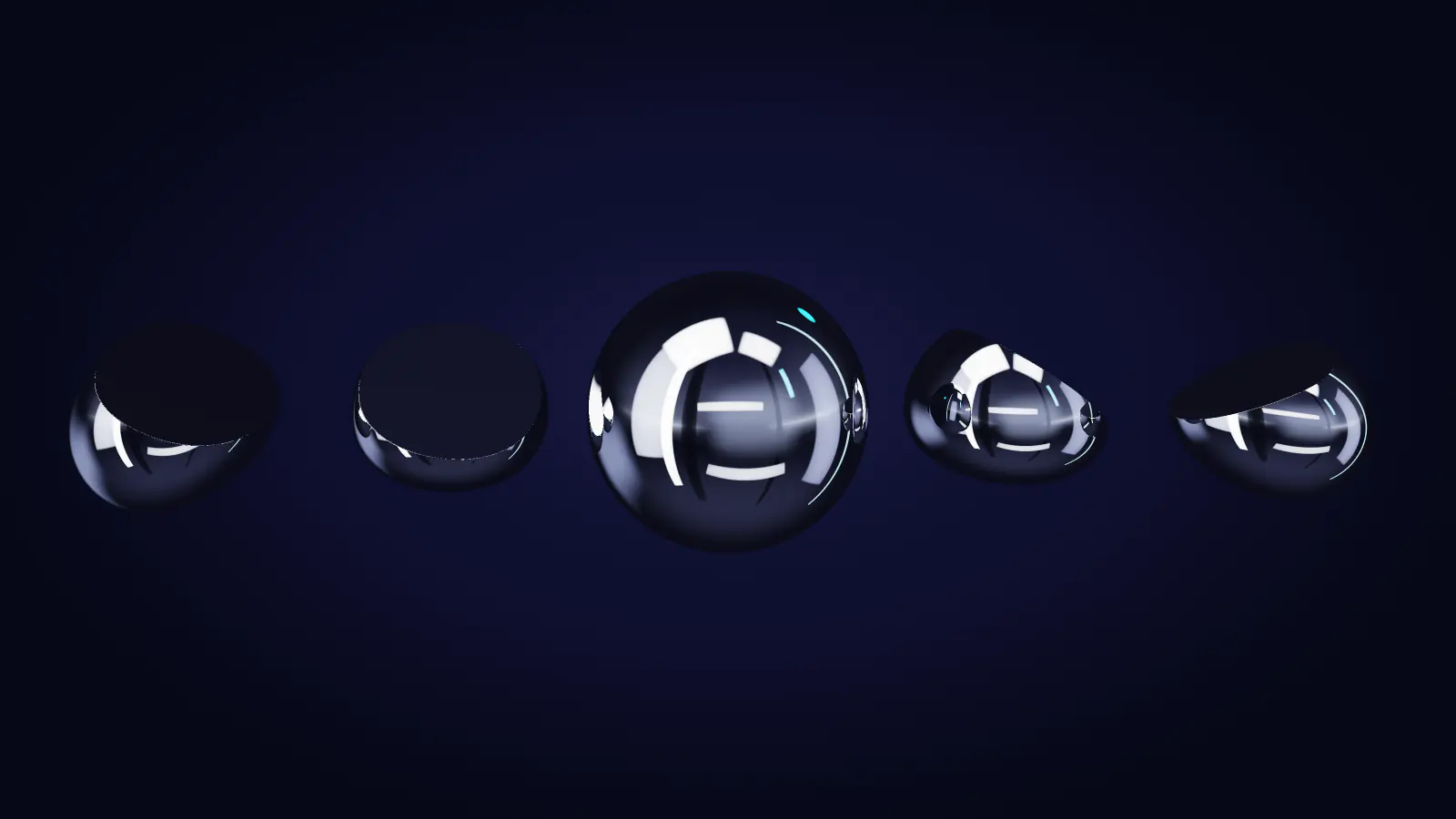 A row of unfinished chrome forms and one polished sphere in front of them