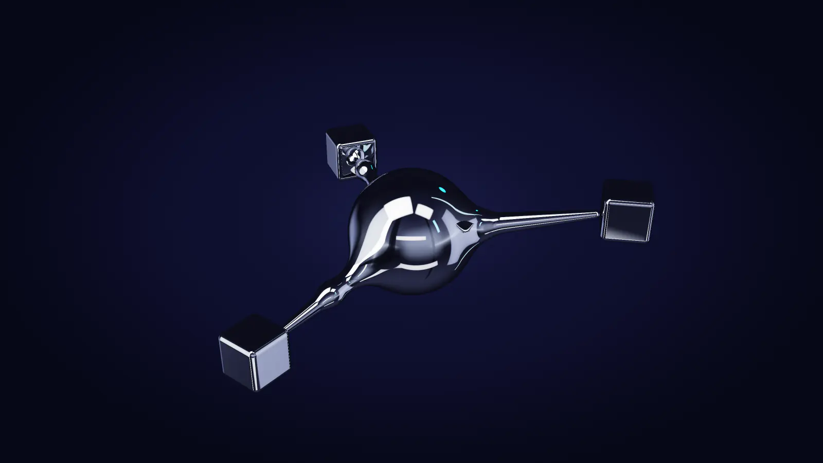 A chrome core reaching out along three arms to three cubes