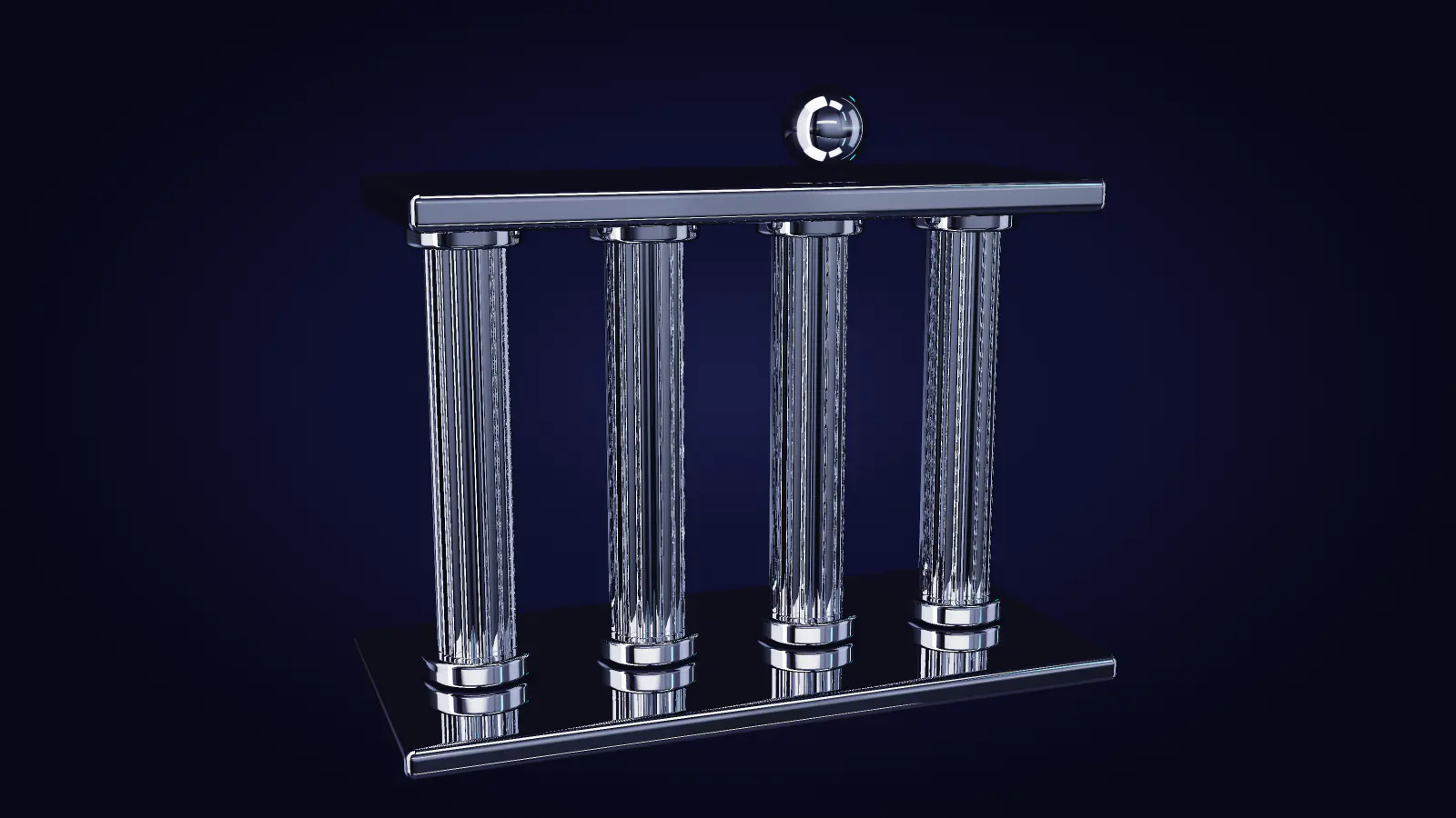 Four chrome columns carrying one level slab, a drop resting on top
