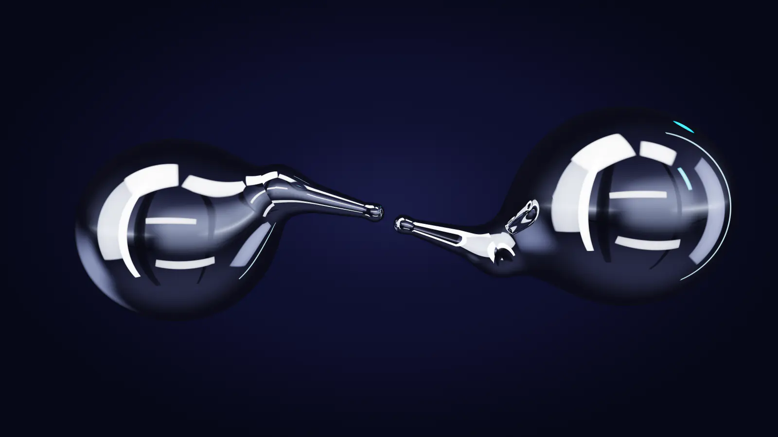 Two liquid-chrome forms reaching toward each other, their tips almost touching