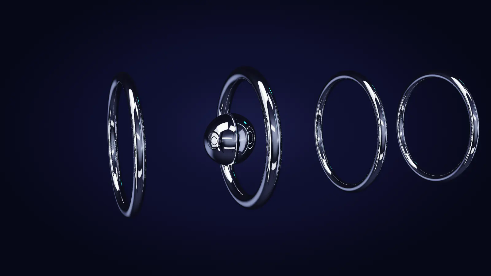 Five chrome rings in a row, a drop of mercury passing through them