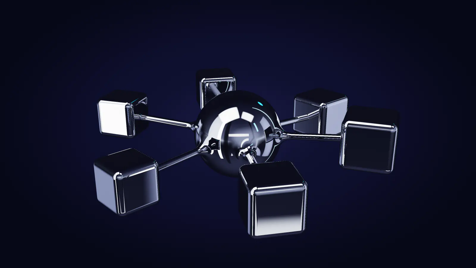 Six chrome cells around one shared core
